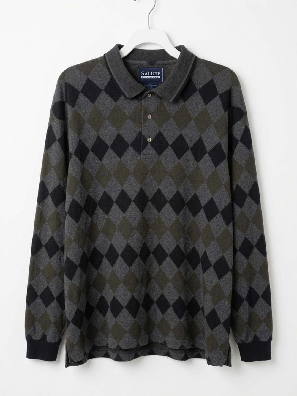 Vintage Oleg Cassini Salute Men’s XL Argyle Long Sleeve Polo 100% Cotton